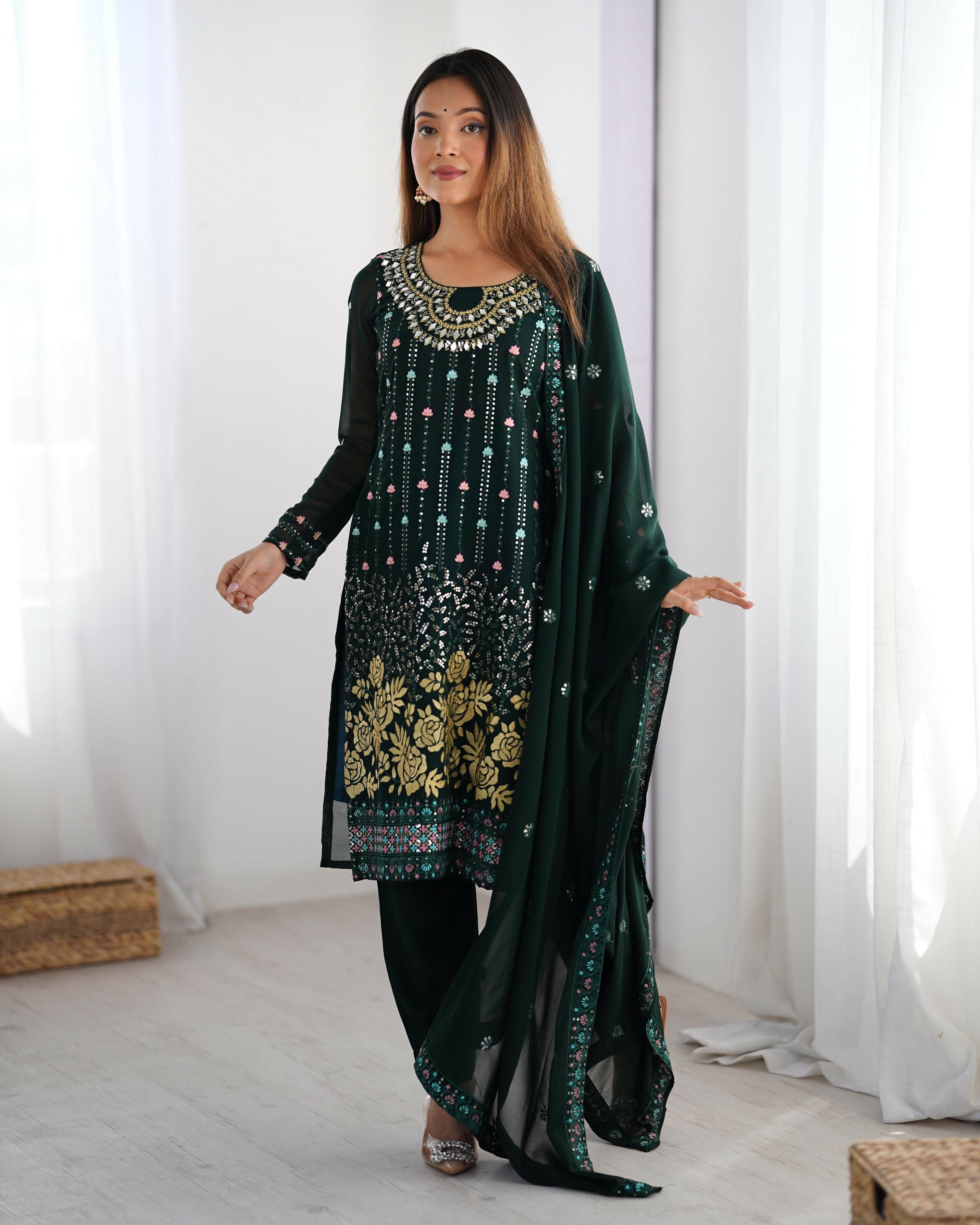 Joban Fashion Dark Green Kurta set with Pant Georgette Thread with Sequins work | Grocsy