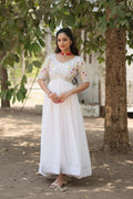 Vastranavya Faux Blooming with Embroidery Zari Sequins-work Gown - White | Grocsy