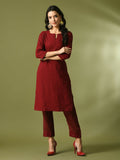 Myshka Women's Maroon Embroidered Cotton Straight Party Kurta Set | Grocsy