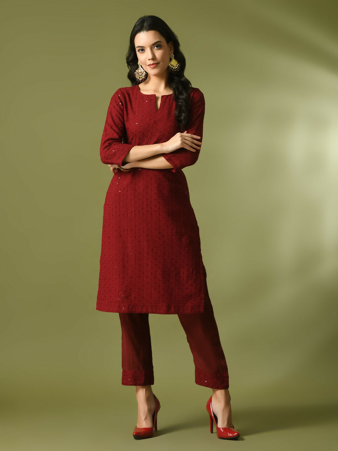 Myshka Women's Maroon Embroidered Cotton Straight Party Kurta Set | Grocsy
