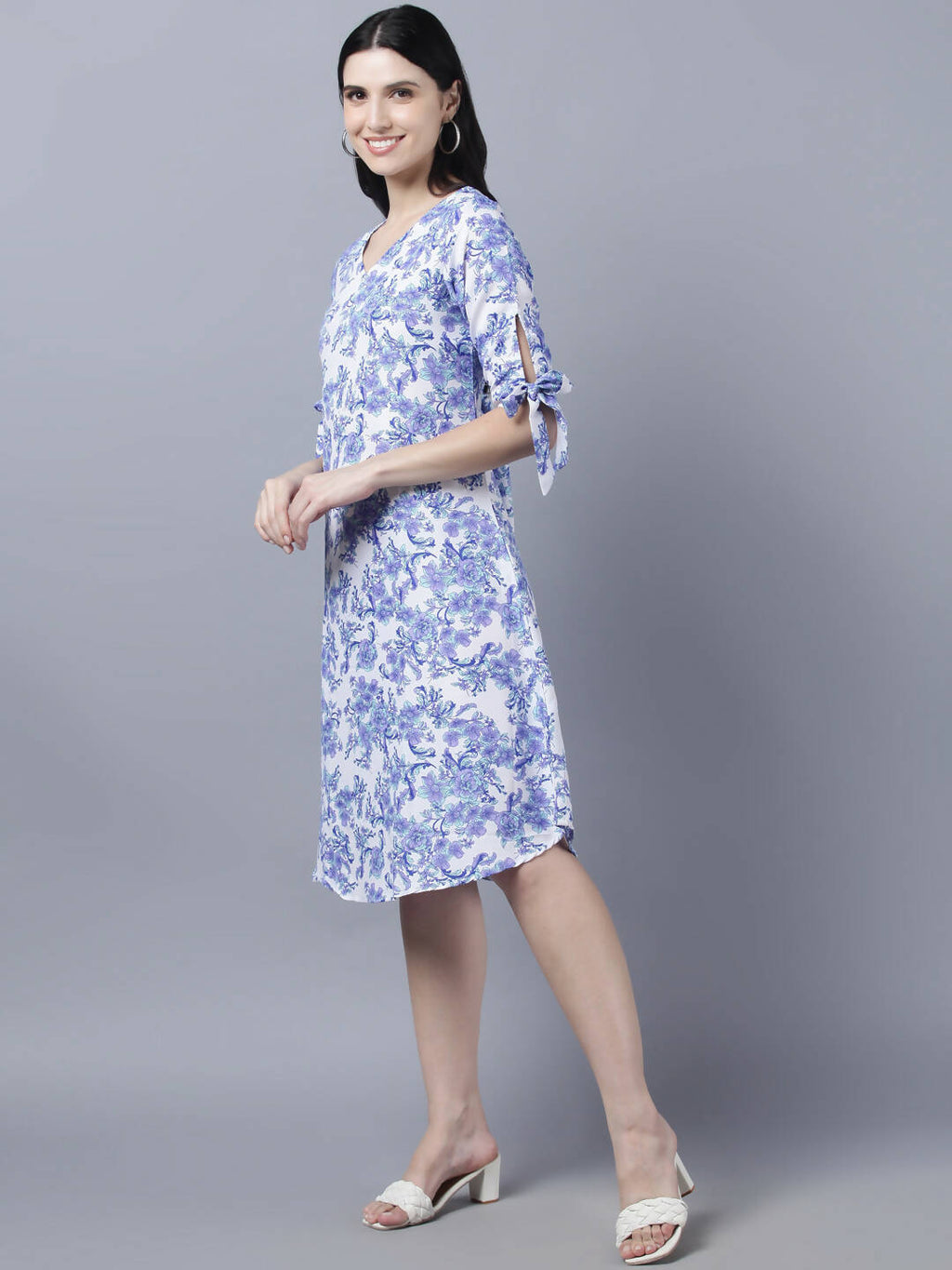 Myshka Women White Blue Printed A-Line Dress | Grocsy