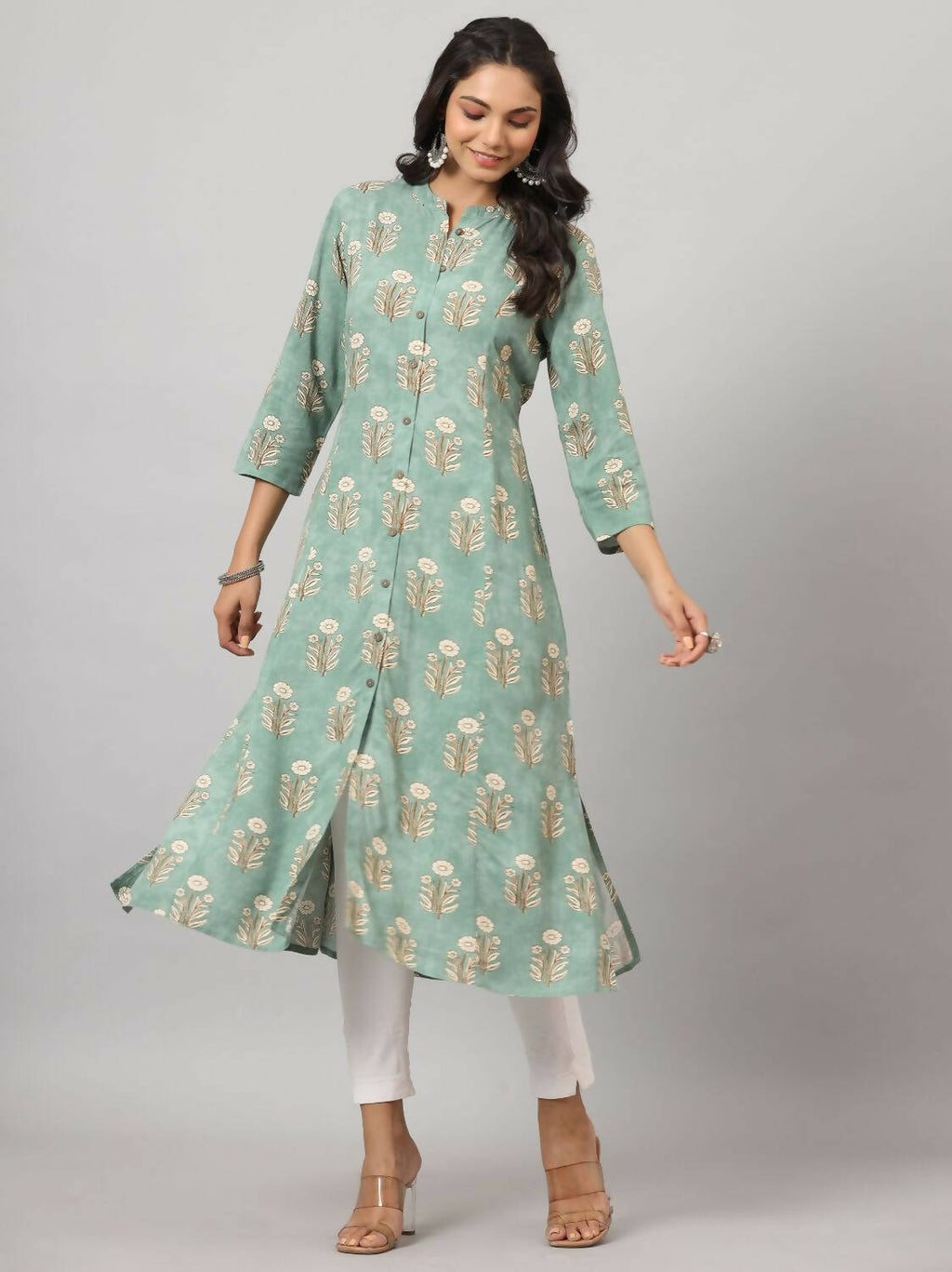 Juniper Women's Green Printed A-Line Kurta | Grocsy