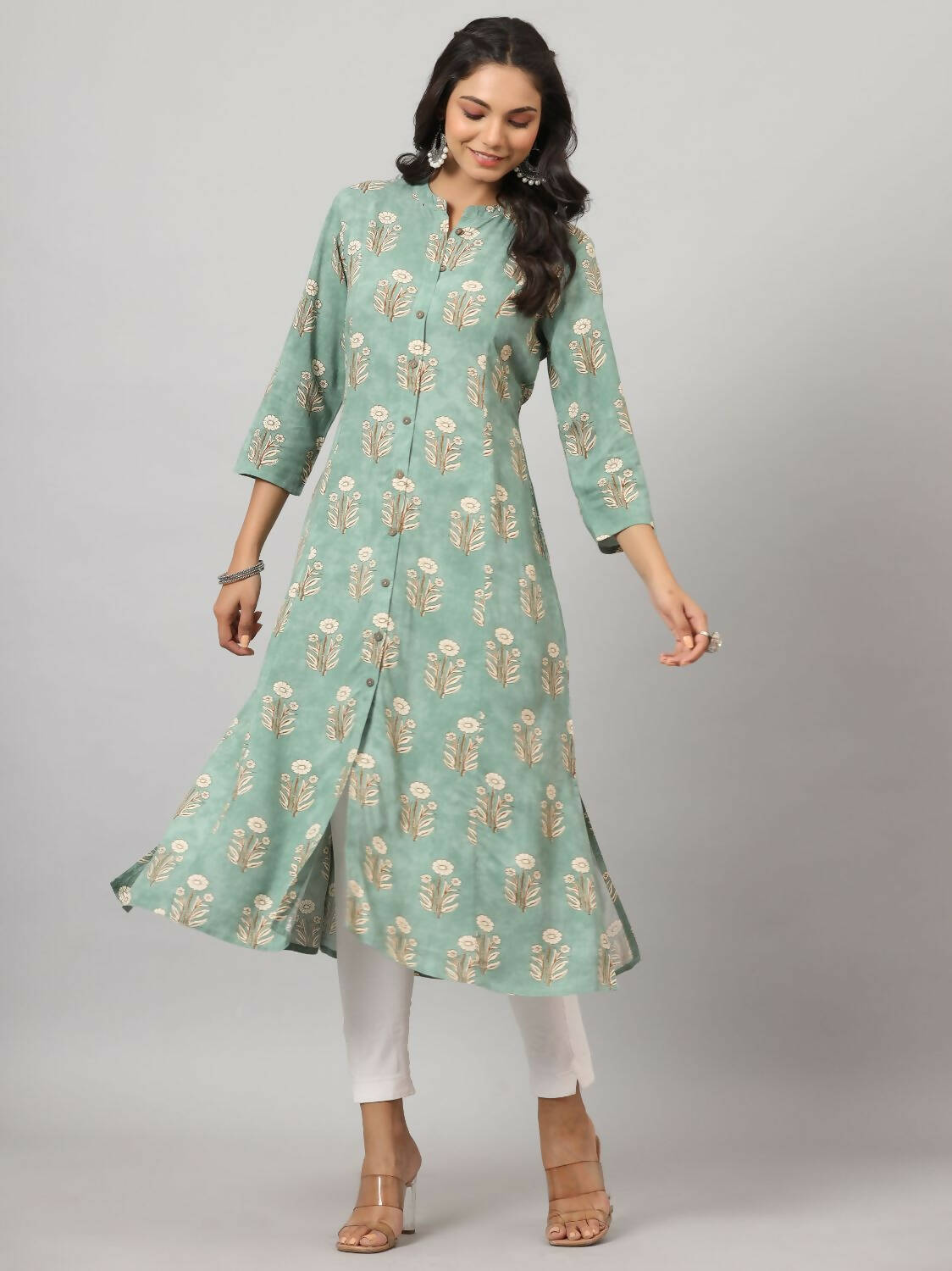 Juniper Women's Green Printed A-Line Kurta | Grocsy