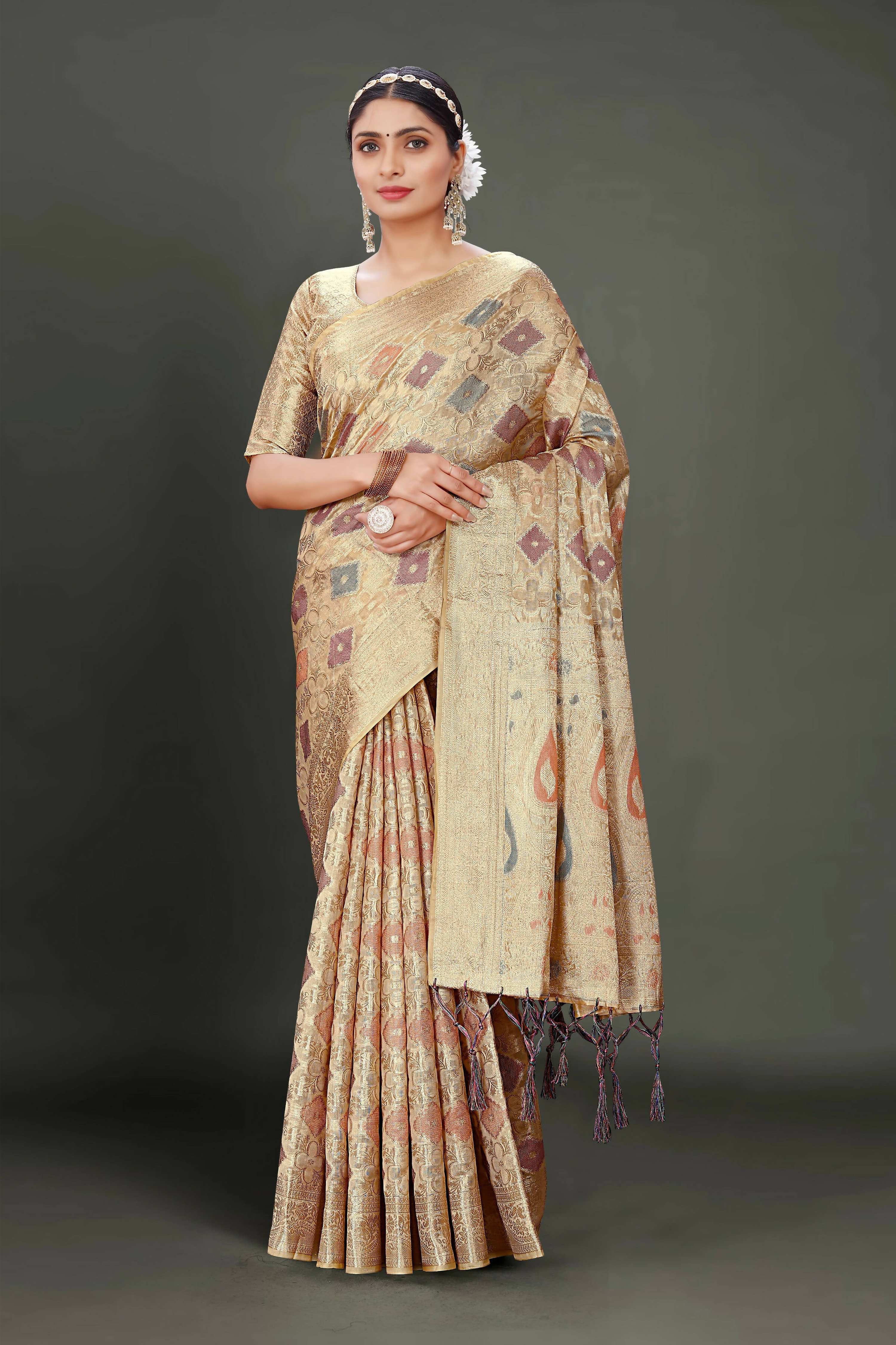 Beige Soft Organza Woven Design Saree With Unstitched Blouse Piece - Zaara | Grocsy