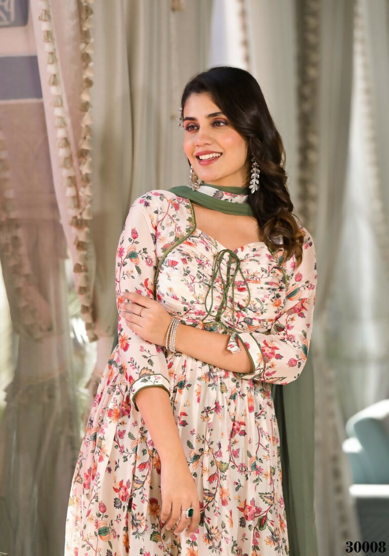 Designer Stylish Cream Slim Georgette Stitched Suit With Dupatta - Kiyara | Grocsy