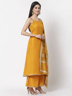 Myshka Women Yellow Silk Blend Solid Sleeveless Round Neck Neck Kurta Palazzo Dupatta Set | Grocsy