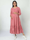 Manet Three Fourth Maternity Dress Striped With Concealed Zipper Nursing Access - Pink | Grocsy