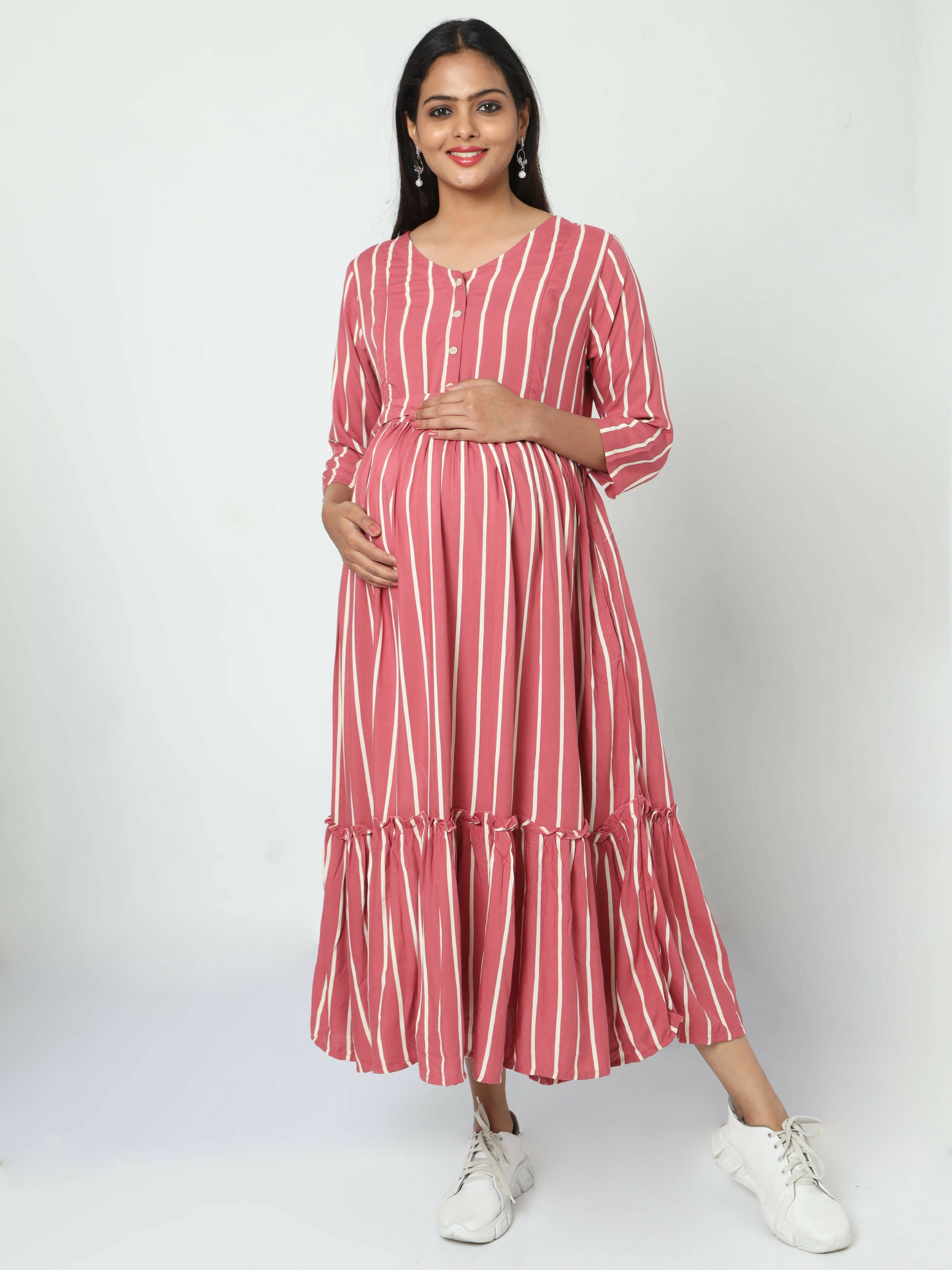 Manet Three Fourth Maternity Dress Striped With Concealed Zipper Nursing Access - Pink | Grocsy