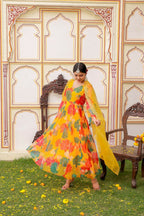 Vaasva Women Mustard Organza Multi Floral Print & Embroidered Anarkali Kurta, Pant & Dupatta set | Grocsy