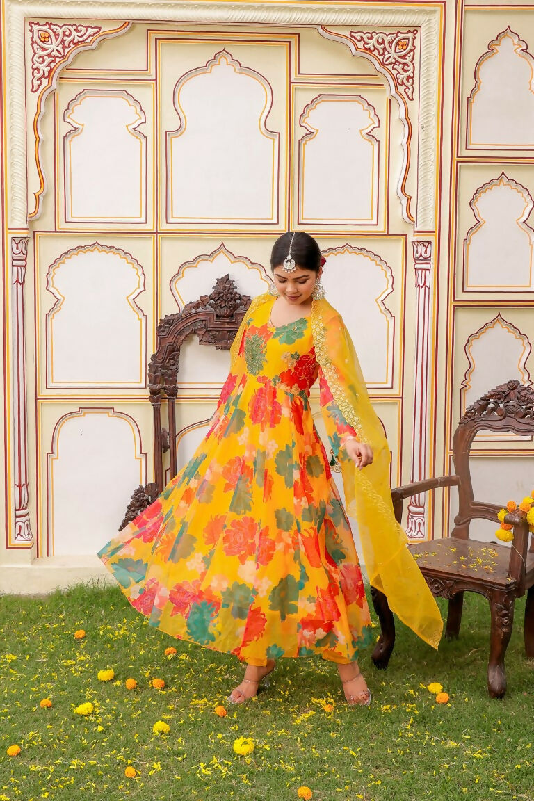 Vaasva Women Mustard Organza Multi Floral Print & Embroidered Anarkali Kurta, Pant & Dupatta set | Grocsy