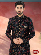 Joban Fashion Men's Blue Base Multi-Colour Straight Velvet Heavy Thread And Sequence Embroidary All Over Indo-Western Kurta Set | Grocsy