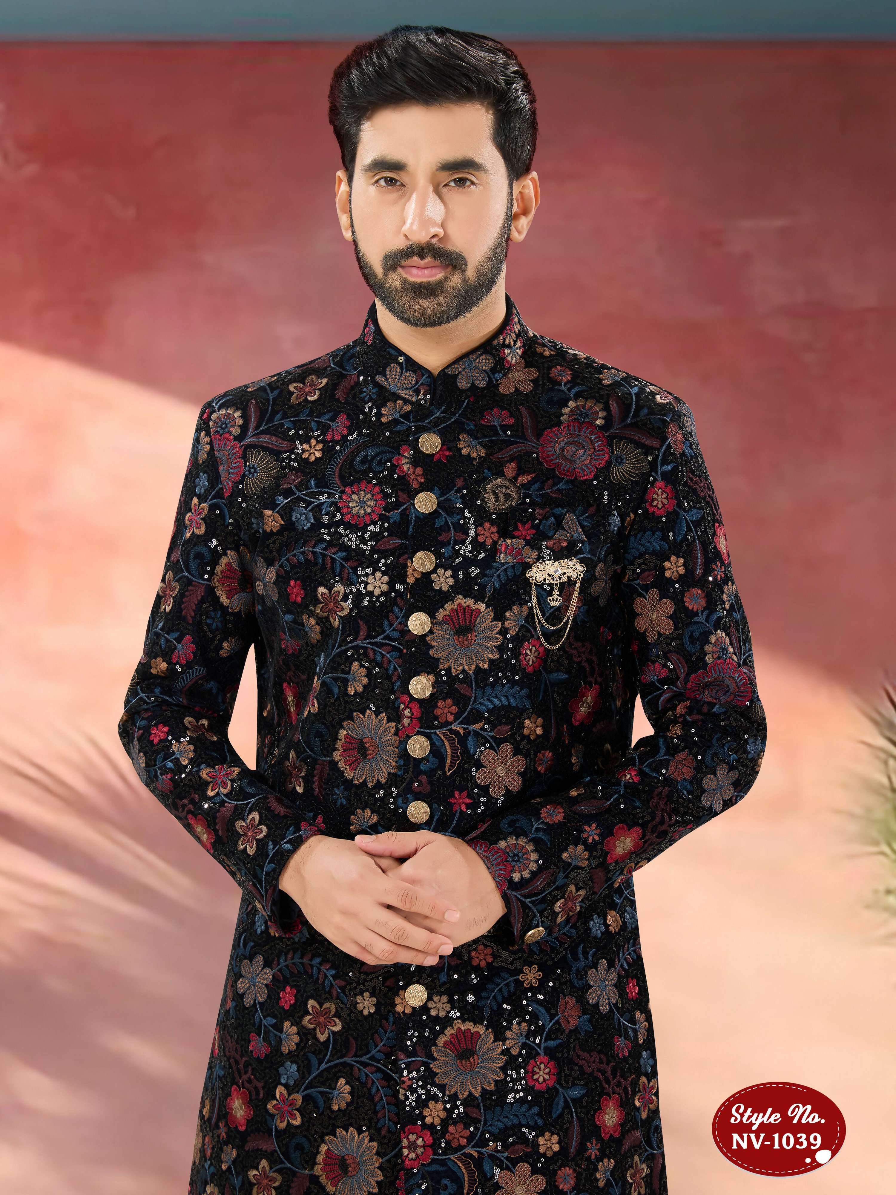Joban Fashion Men's Blue Base Multi-Colour Straight Velvet Heavy Thread And Sequence Embroidary All Over Indo-Western Kurta Set | Grocsy