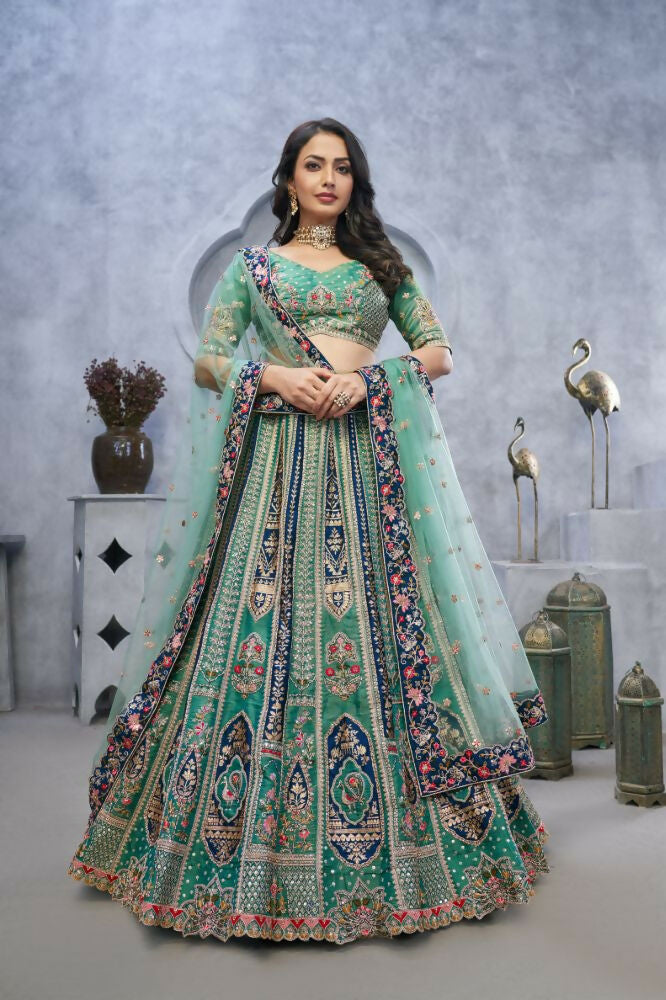 Kesar Fab Green Organza Embroidered Lehenga | Grocsy