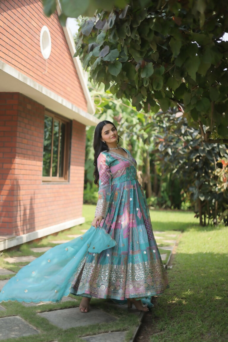 Jyoti Fashion Women's Sky Blue Russian Silk Digital Print with Embroidered Anarkali Dress with Dupatta | Grocsy