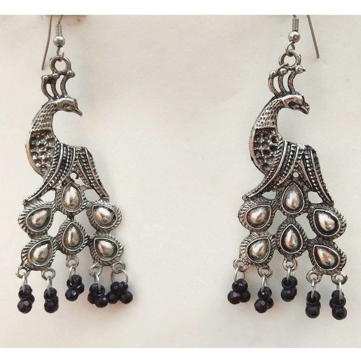 MS Fashion India German Silver Oxidized Hanging Black Pearls Peacock Earrings | Grocsy
