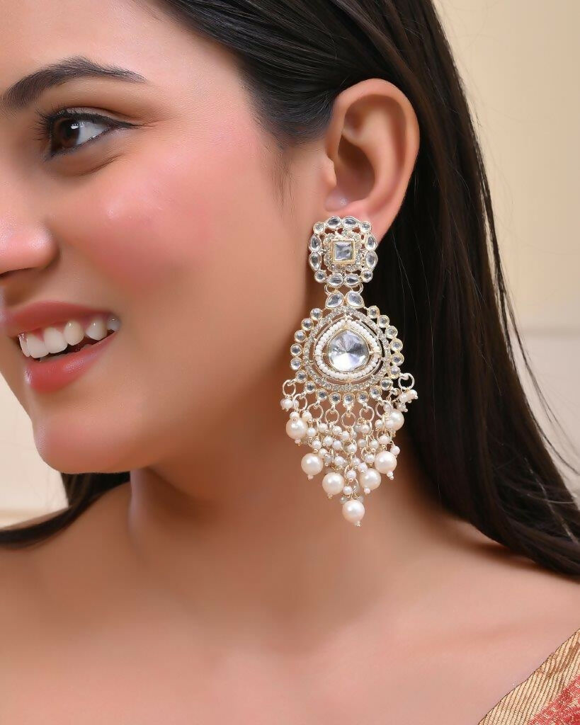VOJ Gold-Polished Kundan Studded Drop Earrings
