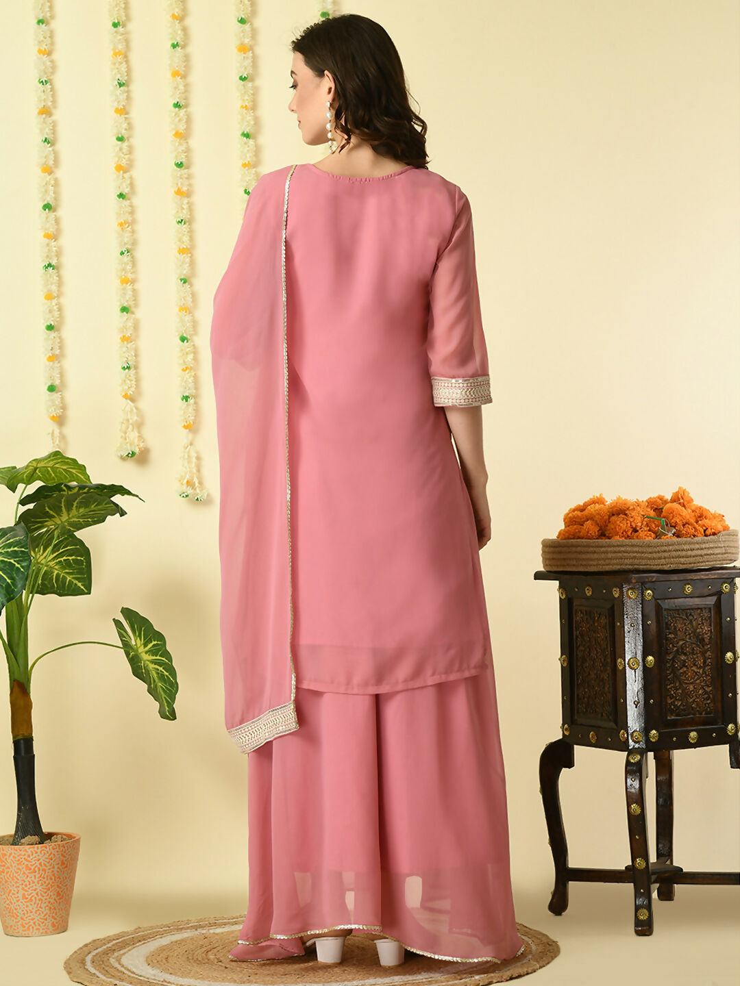 Myshka Women's Pink Georgette Kurta & Skirt With Dupatta Party Sets | Grocsy