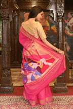 Very Much Indian Handloom Pure Cotton Paithani Radhakrishna Pallu-Rani Pink | Grocsy