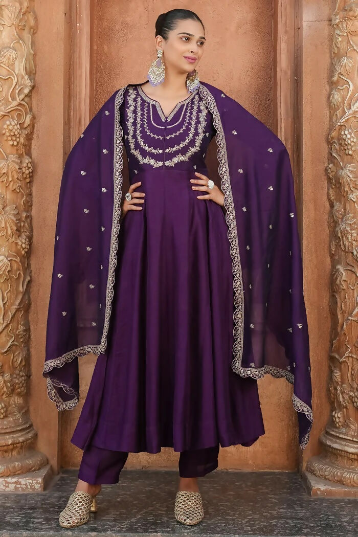 The52 Wine Women's Gorgeous Vichitra Silk Fabric Embroidered Work Flared Anarkali Pant and Dupatta Set | Grocsy