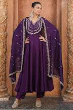 The52 Wine Women's Gorgeous Vichitra Silk Fabric Embroidered Work Flared Anarkali Pant and Dupatta Set | Grocsy