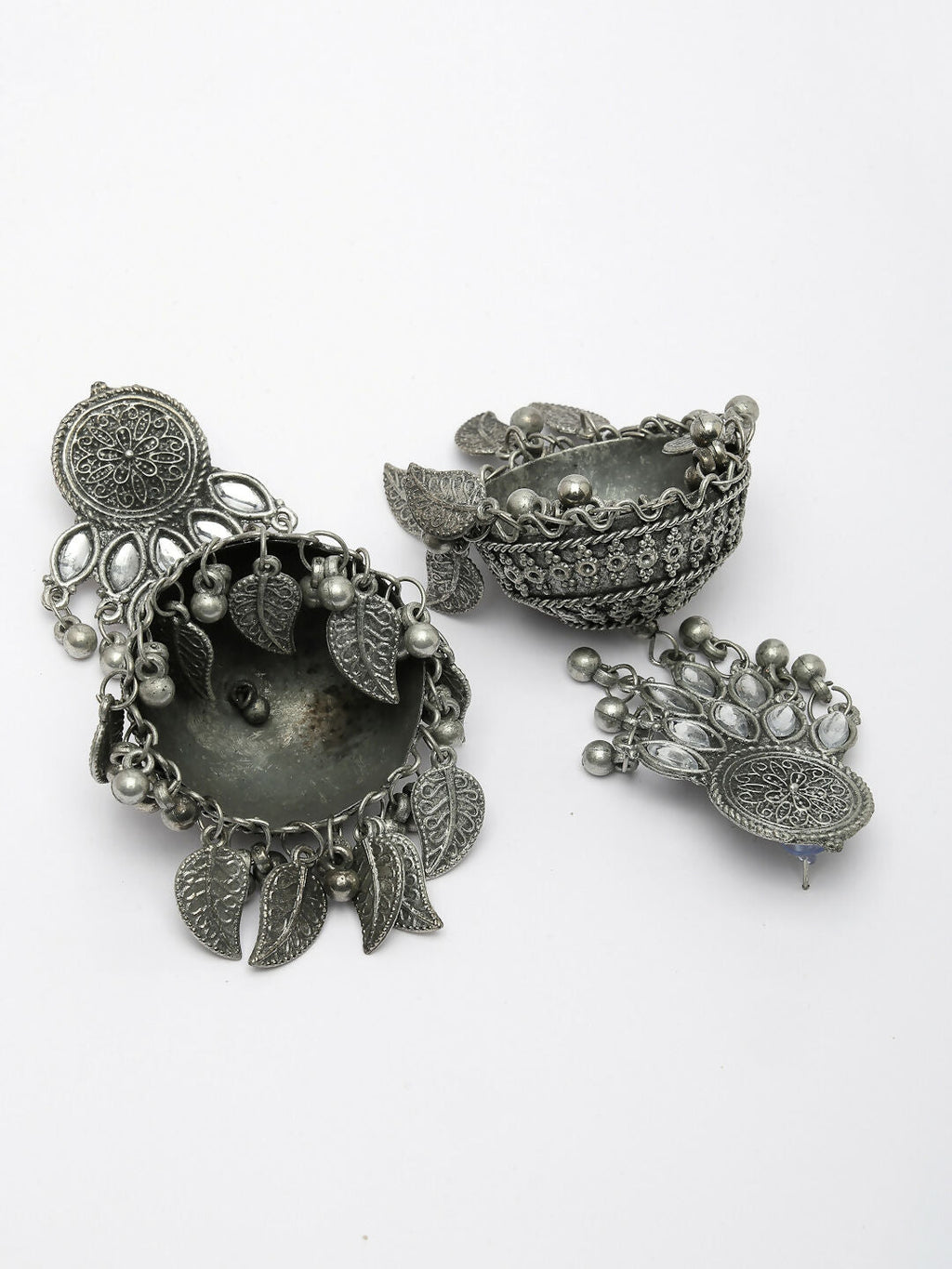 NVR Women's Silver-Plated Oxidised Artificial Stones Dome Shaped Jhumka Earrings | Grocsy