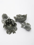 NVR Women's Silver-Plated Oxidised Artificial Stones Dome Shaped Jhumka Earrings | Grocsy