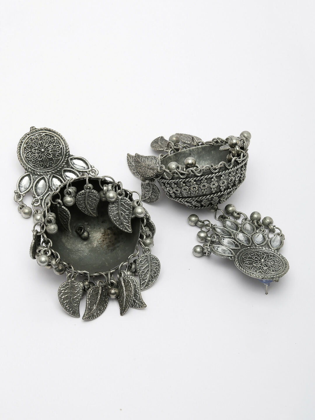 NVR Women's Silver-Plated Oxidised Artificial Stones Dome Shaped Jhumka Earrings | Grocsy
