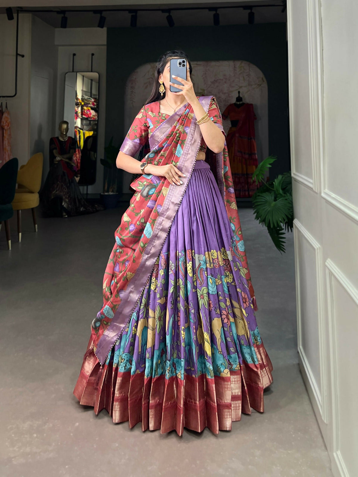 Vastranavya Kalamkari Printed Dola Silk Lehenga Choli - Lavander | Grocsy