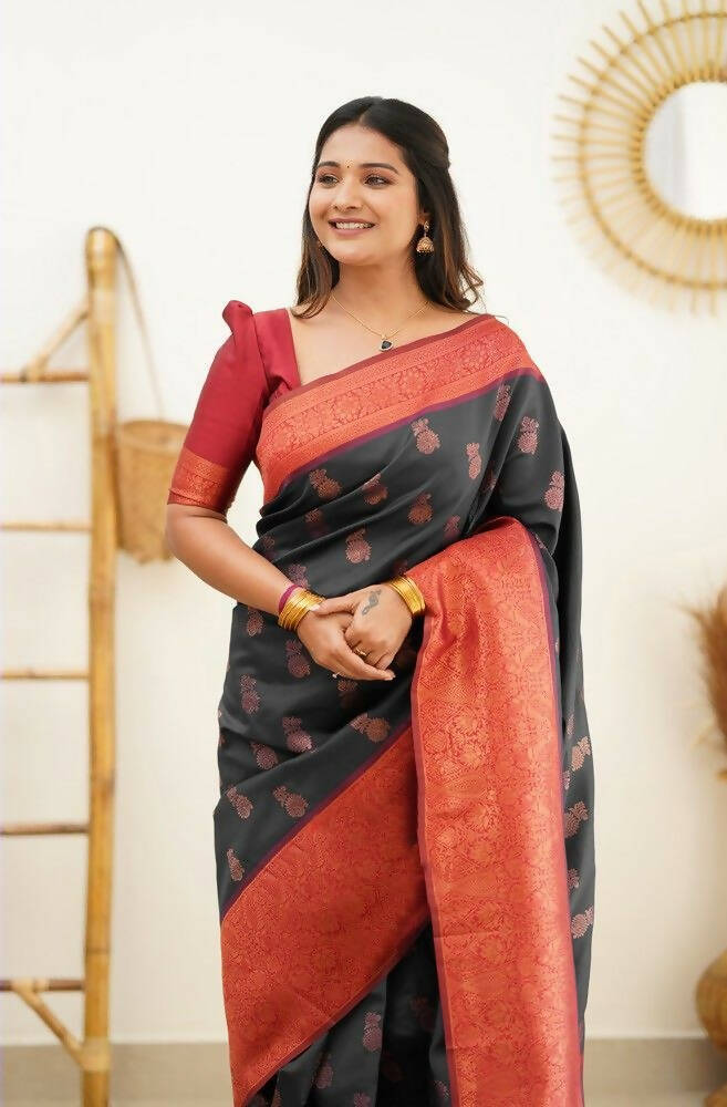 DEIANA'S Beautiful Designer Golden zari Soft Lichi Silk Saree - Black | Grocsy