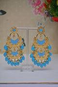 Meenakari Work Gold-Polished 2 Layered Beaded Blue Chandbali Earrings with Kundan and Pearl Work By House of Ree - House of Ree