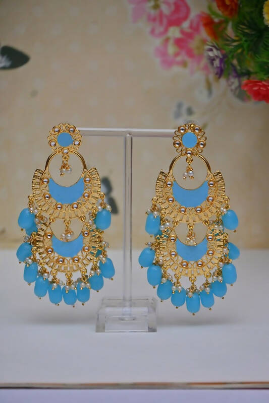 Meenakari Work Gold-Polished 2 Layered Beaded Blue Chandbali Earrings with Kundan and Pearl Work By House of Ree - House of Ree