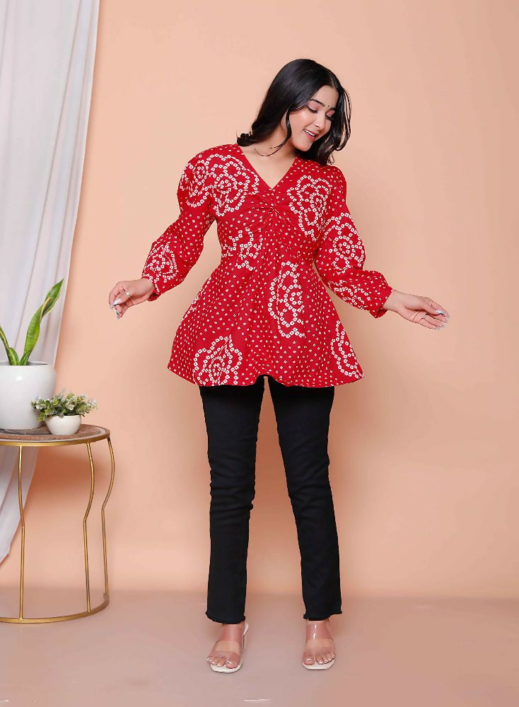 Miravan Womens Red Bandhani Printed Cotton Butterfly Design Top | Grocsy
