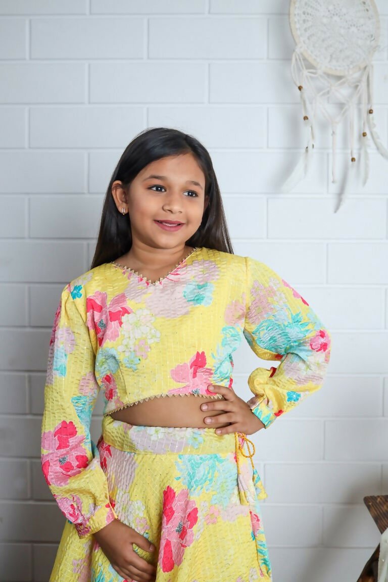 Aayaa Designer Printed Chinon Crochet Sequance Kids Lehenga Choli - Yellow | Grocsy