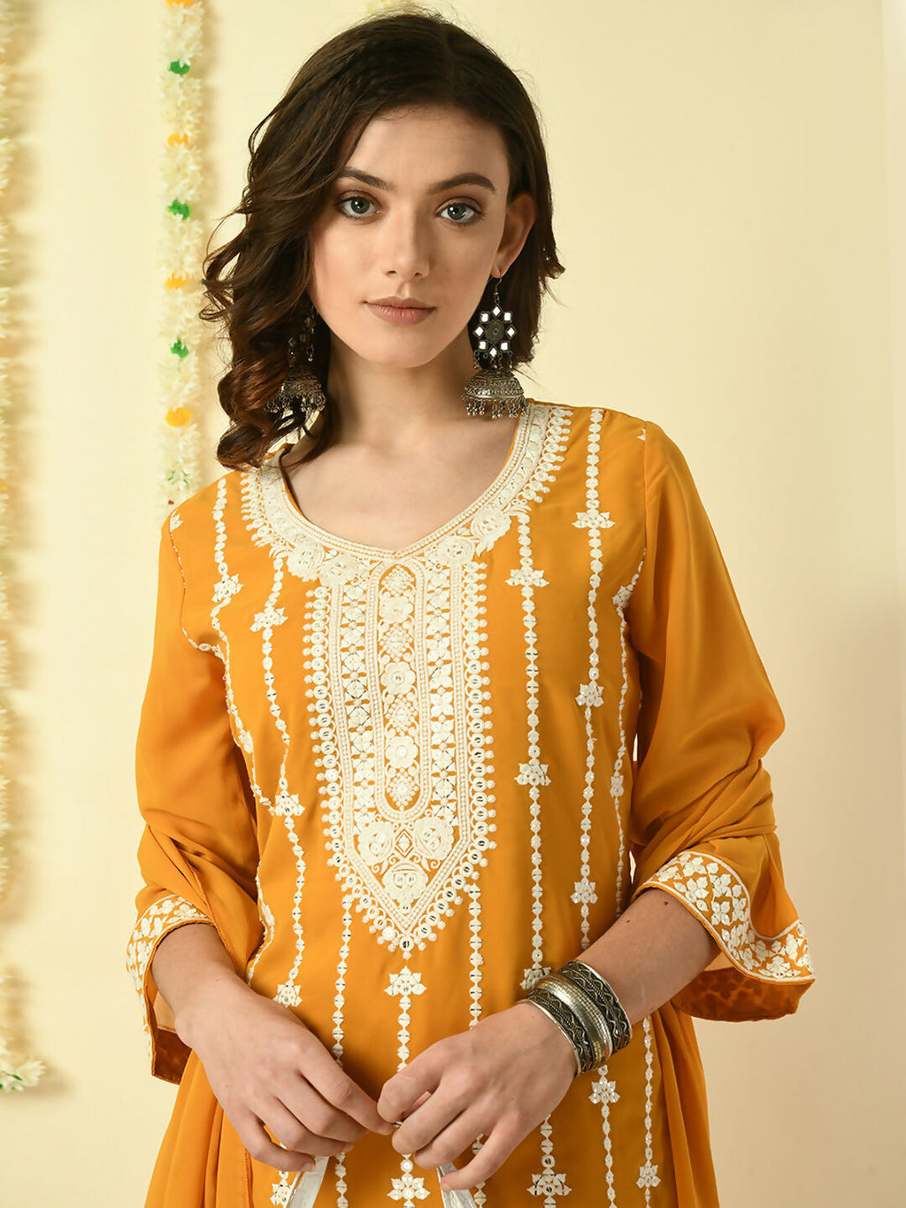 Myshka Women's Mustard Georgette Kurta & Palazzos With Dupatta Party Sets | Grocsy