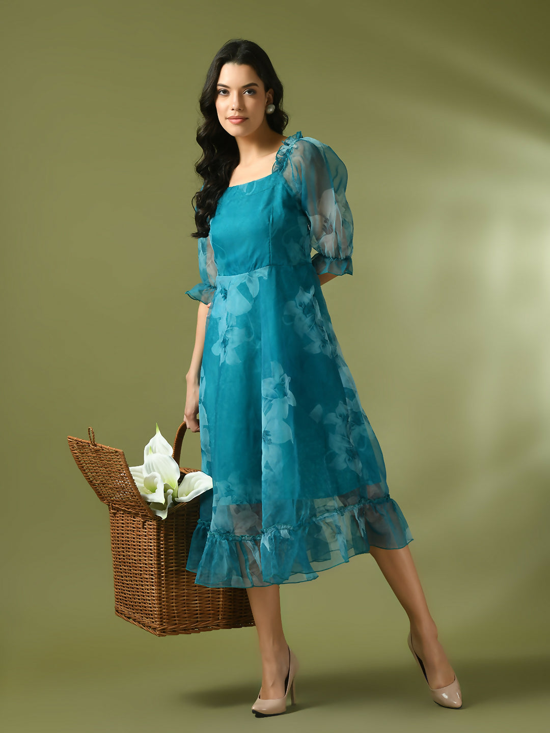 Myshka Women's Teal Printed Square Neck Fit and Flare Party Dress | Grocsy