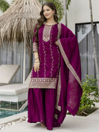 The52 Wine Beautiful Embroidered Vichitra Silk Fabric Straight Kurta, Palazzo and Dupatta Set | Grocsy