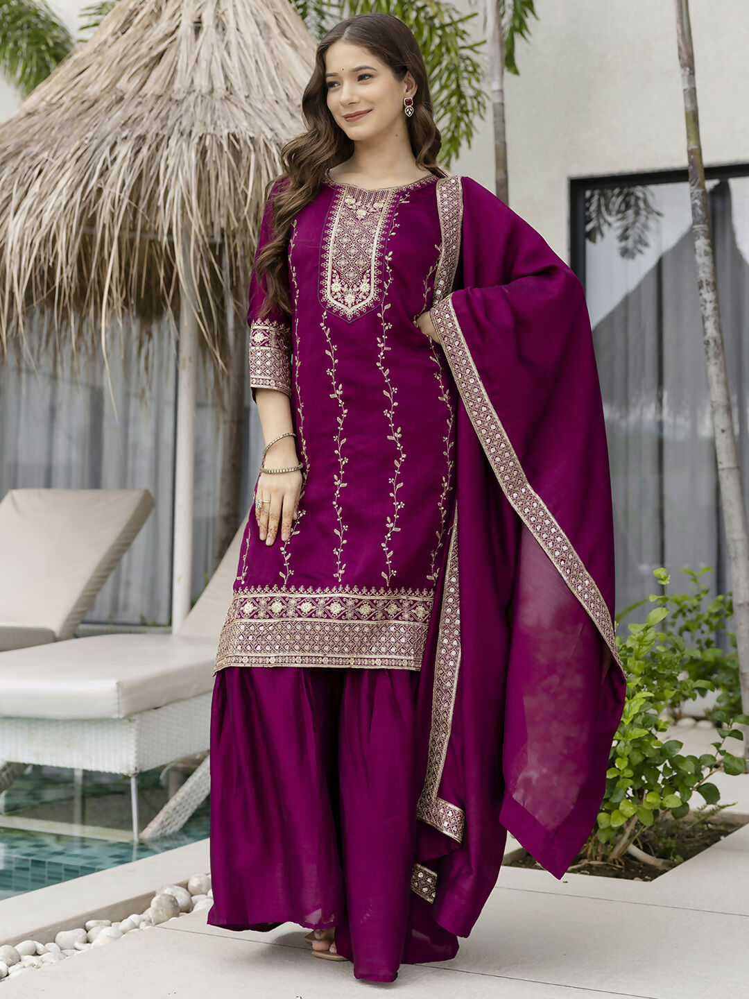 The52 Wine Beautiful Embroidered Vichitra Silk Fabric Straight Kurta, Palazzo and Dupatta Set | Grocsy