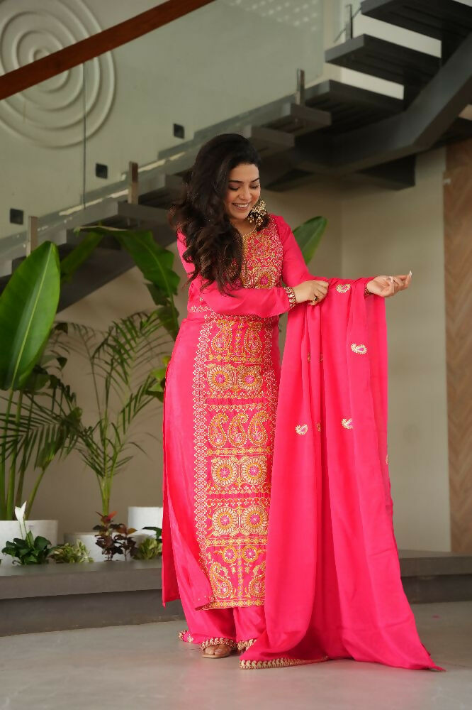 Joban Fashion Gajri Kurta Set Silk Sequins , Zari, Coding & Thread Embroidered work | Grocsy