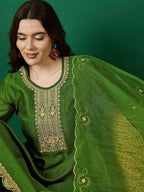 The52 Women's Beautiful Embroidery Work Vichitra Fabric A-line Kurta Pant and Dupatta Set | Grocsy