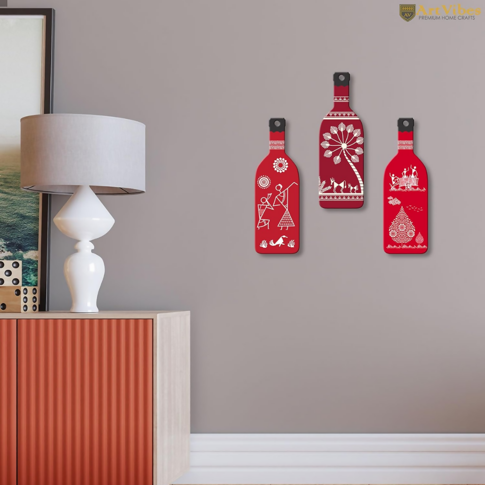 Artvibes Tribal Warli Art Decor Bottle shaped Wooden Wall Hanging | Grocsy