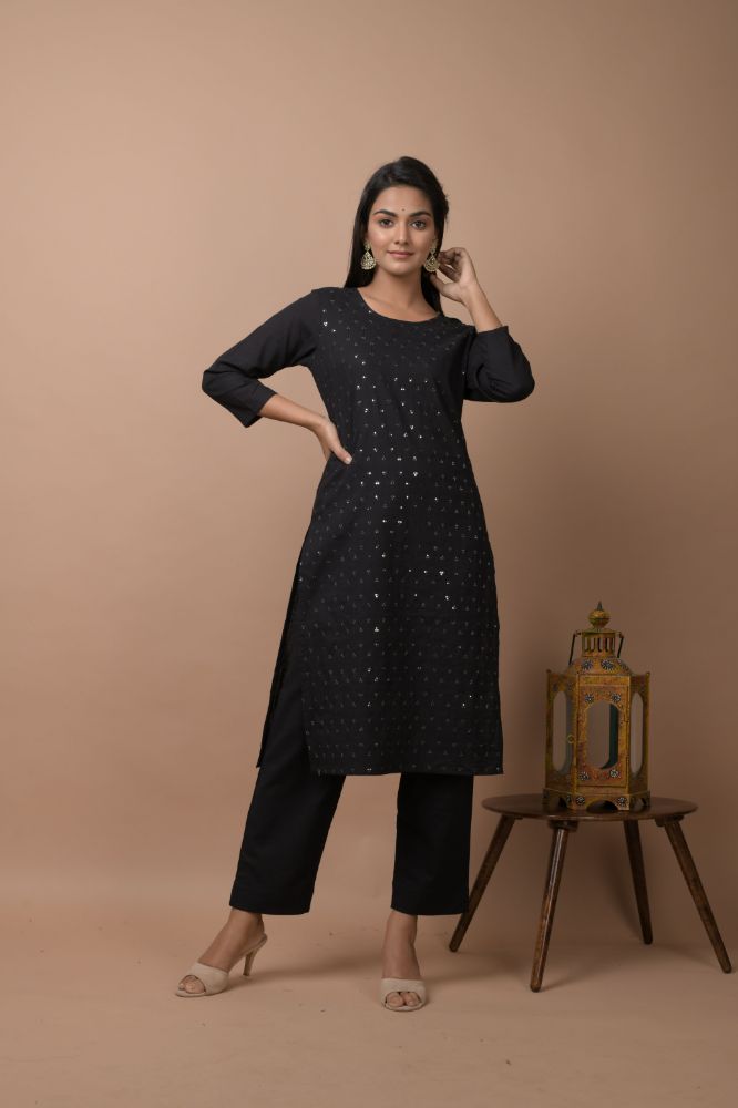 Kaajh Women's Black Solid Sequins Embellished Kurta Pant Set | Grocsy