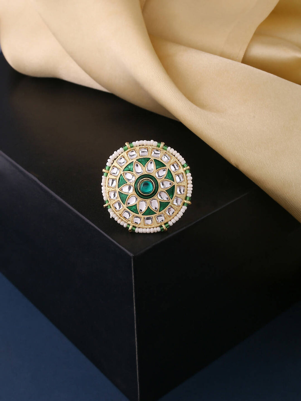 NVR Women's Traditional Kundan Meenakari Gold-Polished Ajustable Finger Ring | Grocsy