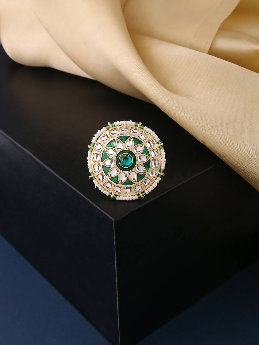 NVR Women's Traditional Kundan Meenakari Gold-Polished Ajustable Finger Ring | Grocsy