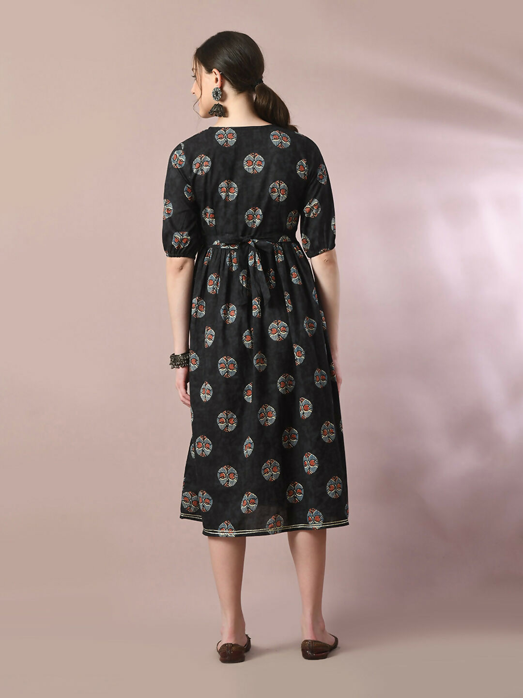 Myshka Women's Black Printed Cotton V-Neck Empire Party Dress | Grocsy