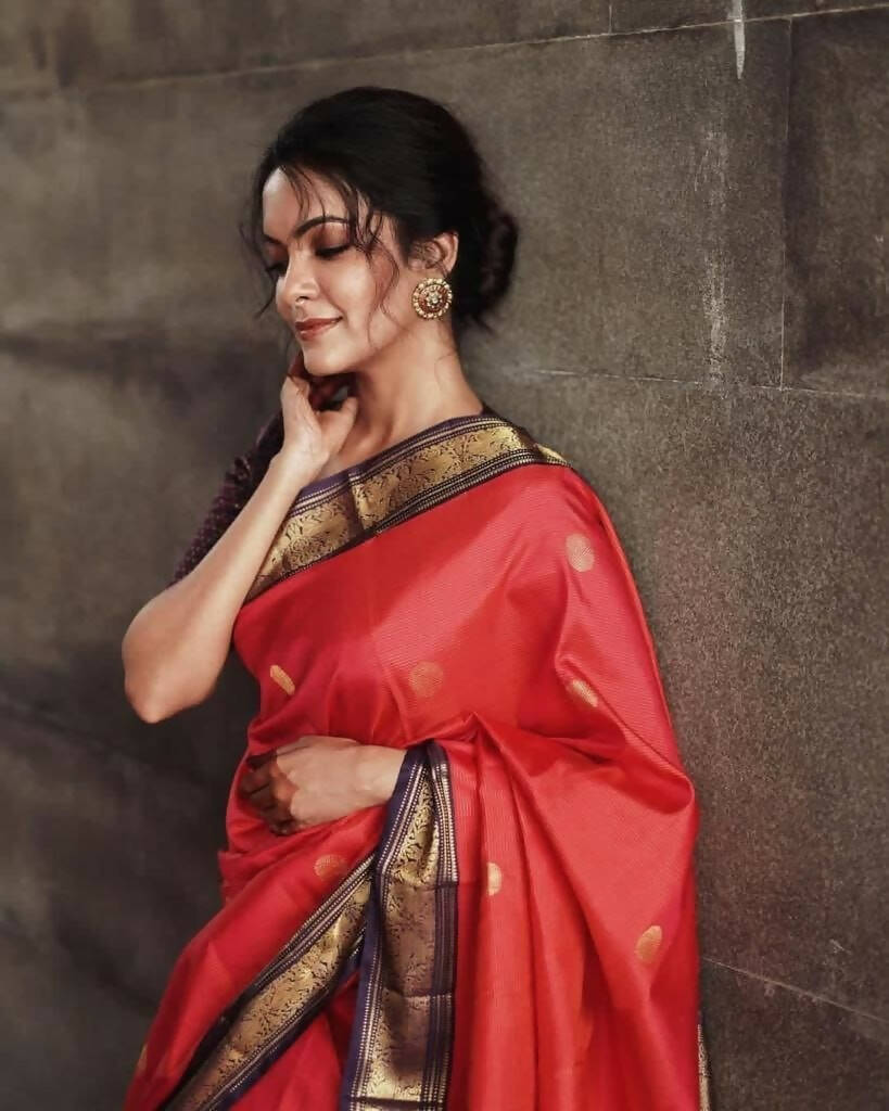 DEIANA'S Beautiful Designer Golden zari Soft Lichi Silk Saree - Orange | Grocsy