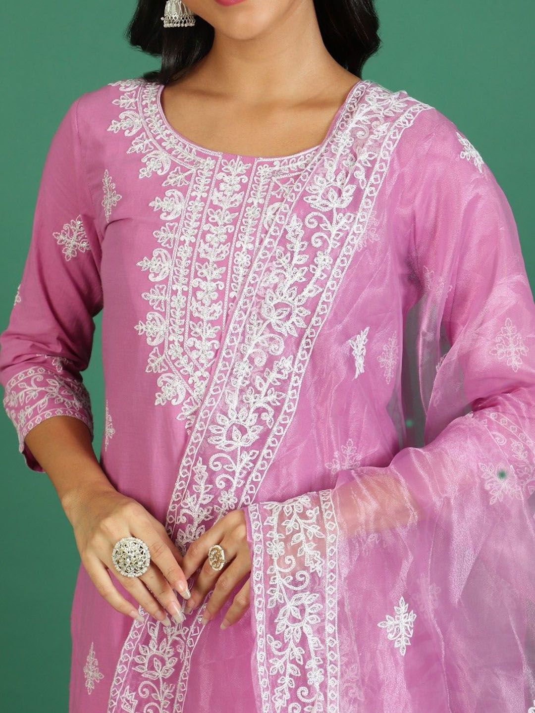 Sangria Embroidered Pure Cotton Round- Neck Kurta & Trousers With Dupatta | Grocsy