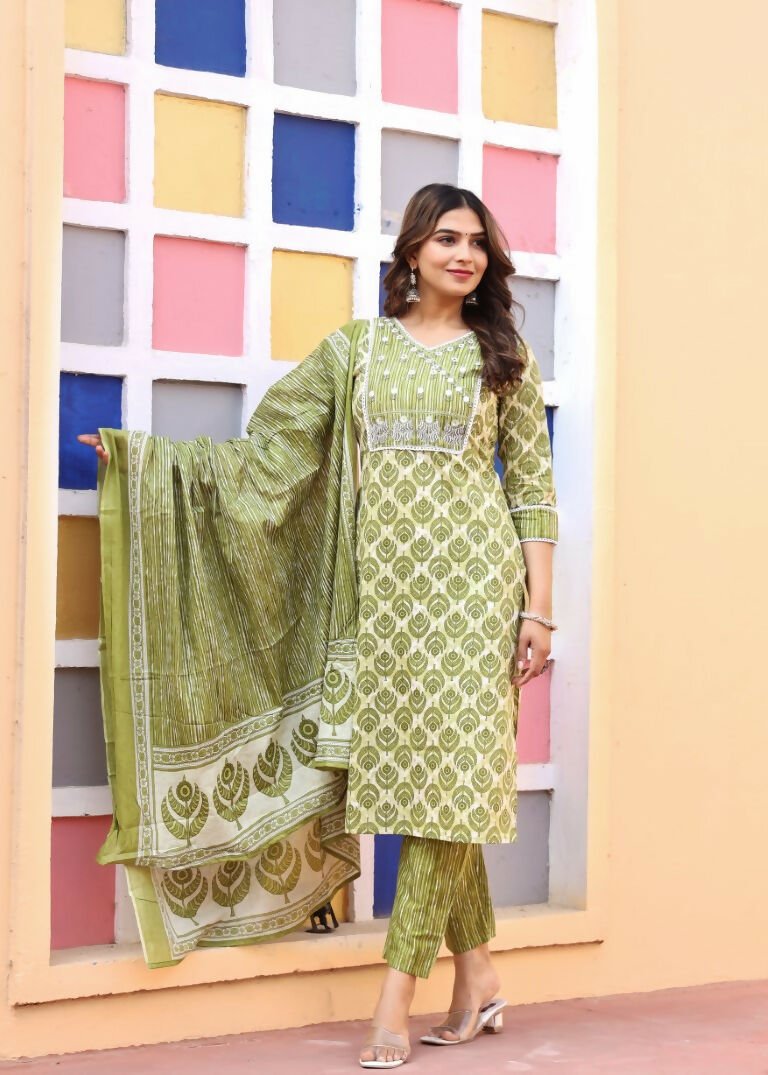 Alvano Printed 3Pcs Straight Kurti with Pant and Dupatta set for women and Girls Rayon (Light Green) | Grocsy