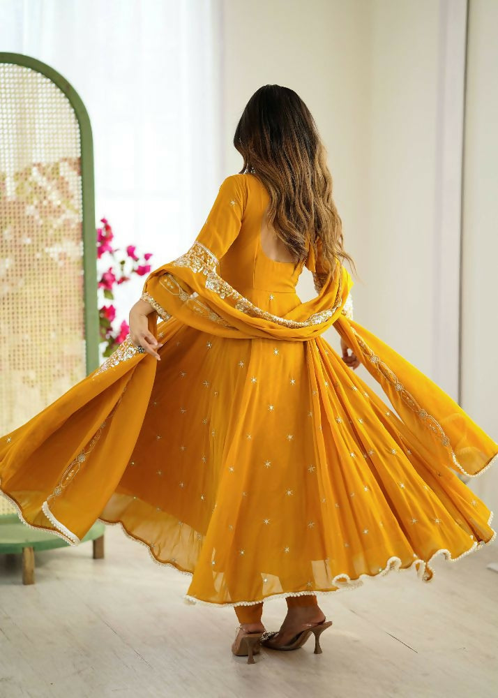 Teeya Creation Yellow Color Faux georgette Embroidery Work Wedding Wear Gown | Grocsy