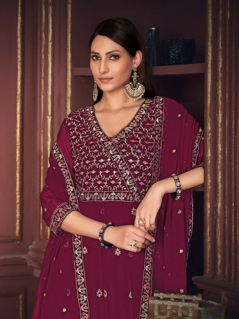 Jyoti Fashion Women's Rani Pink Georgette Embroidered Anarkali Kurta Pant Set With Dupatta | Grocsy
