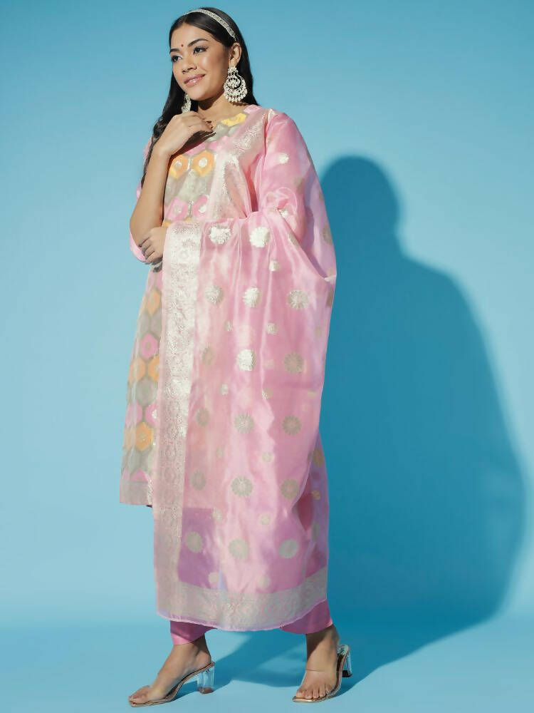 Myshka Women Pink Printed Kurta & Trousers With Dupatta | Grocsy